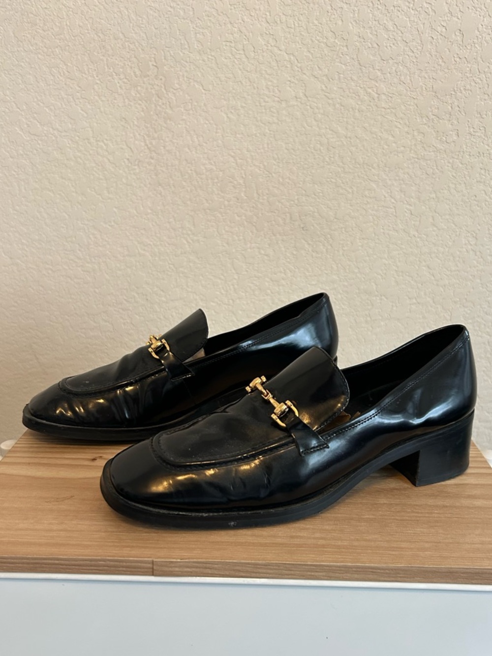 Jeffrey Campbell Black Leather Loafers with Gold Horsebit